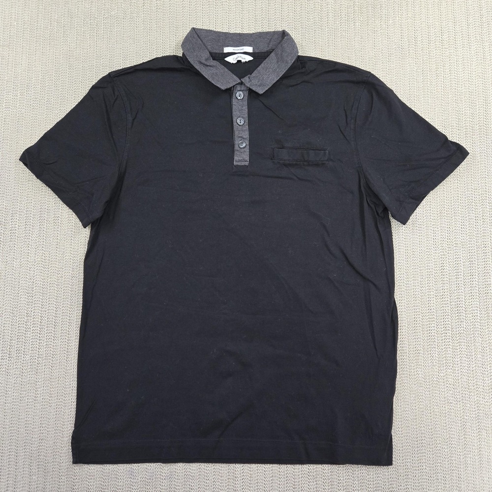 Calvin Klein Polo Shirt Mens Large Black Mercerized Contrast Collar Short Sleeve